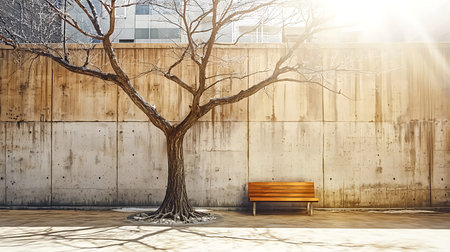 This serene urban scene features a bare tree next to a wooden bench against a textured concrete wall, capturing tranquil moments of reflection and harmony.の写真素材