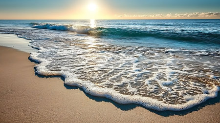 Experience a tranquil morning at the beach, featuring gentle waves lapping against a sunlit shore. A serene horizon showcases the beauty of nature.の写真素材