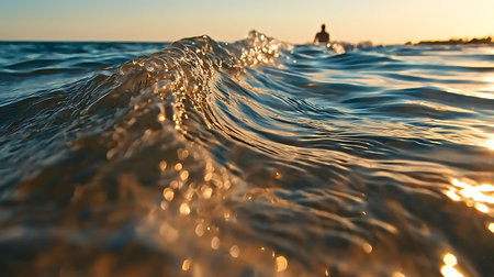 Captivating image of gentle waves at a beach during sunset, showcasing a silhouette of a swimmer...