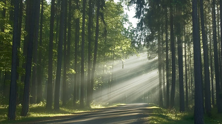 Captivating sunlight shines through tall trees in a serene forest, illuminating a winding pathway. The tranquil scene evokes a sense of peace in nature.の写真素材