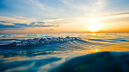 A mesmerizing sunset scene captures gentle ocean waves reflecting stunning colors against a serene sky. Ideal for travel and nature themes.の写真素材