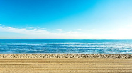 A serene beach scene featuring soft golden sand and a clear blue ocean under a bright sky, perfect for relaxation and tranquility.の写真素材