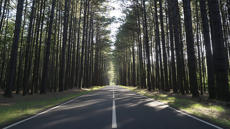 A peaceful empty road stretches through a bright green pine forest, offering a serene atmosphere and...
