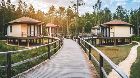 A beautiful wooden walkway guides you through a tranquil forest landscape to charming cabins, perfect for a serene getaway amidst nature at sunset.の写真素材