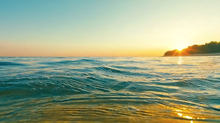 Experience a tranquil scene of gentle ocean waves rolling under a stunning golden sunset, offering...