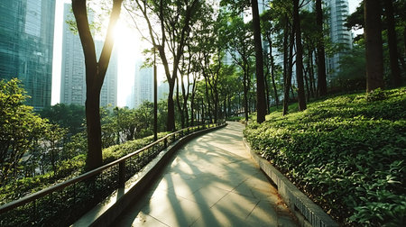 A peaceful urban pathway lined with trees and shrubs, bathed in morning sunlight. This scene captures the harmony between nature and modern architecture, inviting leisurely strolls.の写真素材