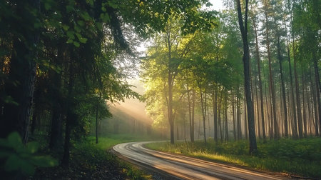 A peaceful forest pathway bathed in soft sunlight, with lush green trees towering on either side, creating a serene and tranquil atmosphere, perfect for nature lovers.の写真素材