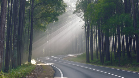 A stunning view of a winding road surrounded by tall trees, softly illuminated by beams of light in the morning mist, inviting exploration and tranquility.の写真素材