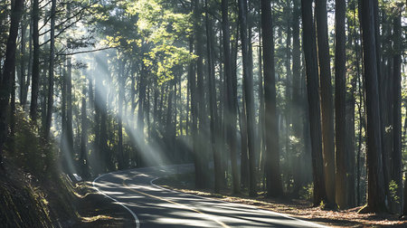 A picturesque scene showing a winding road through a tranquil forest, illuminated by soft sunlight filtering through tall trees. Perfect for nature lovers.の写真素材