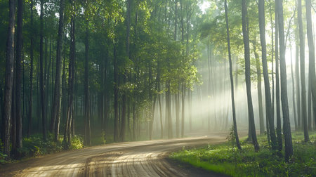 Experience the beauty of nature with golden sunlight streaming through tall trees, illuminating a tranquil forest path. Perfect for serene and peaceful themes.の写真素材