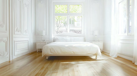 Experience serene living in a bright and elegant minimalist bedroom featuring large windows and soft decor. Ideal for relaxation and tranquility.の写真素材