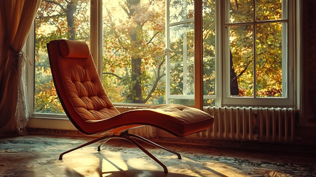 A cozy chair positioned by a large window, illuminated by warm autumn sunlight, offers a serene view...