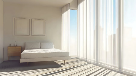 A bright and airy minimalist bedroom featuring large windows, soft curtains, and a clean design. Ideal for showcasing calming spaces and modern aesthetics.の写真素材