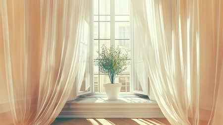 A serene window scene featuring soft sheer curtains and a potted plant basking in natural light, creating a tranquil and inviting atmosphere perfect for relaxation.の写真素材