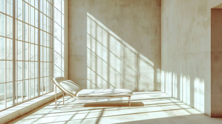 A stunning minimalist interior showcasing natural light streaming through large windows, creating gentle shadows and a serene environment. Perfect for relaxation and modern decor.の写真素材