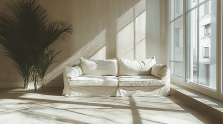 A bright and airy minimalist living room showcasing a soft white couch, large windows, and a touch...