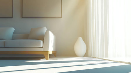A bright living room featuring a cozy sofa and elegant decor. Soft natural light floods the space,...
