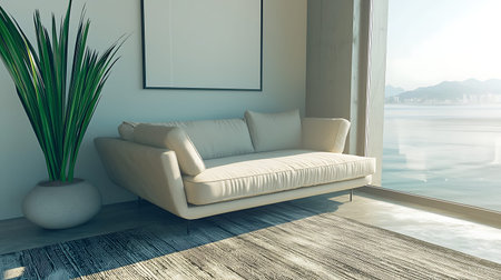 A modern living room featuring a stylish couch and a vibrant indoor plant beside a large window,...
