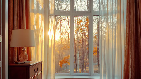 A warm and inviting room featuring sunlight filtering through sheer curtains, creating a cozy...