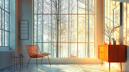 This image showcases a serene modern interior space with large windows revealing an enchanting forest outside, filled with warm sunlight and inviting decor.の写真素材
