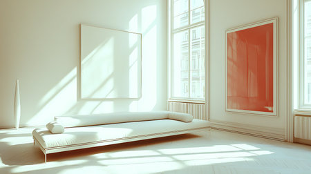 A serene minimalist living room featuring a modern sofa, ample natural light, and captivating artwork on white walls, perfect for showcasing elegance.の写真素材