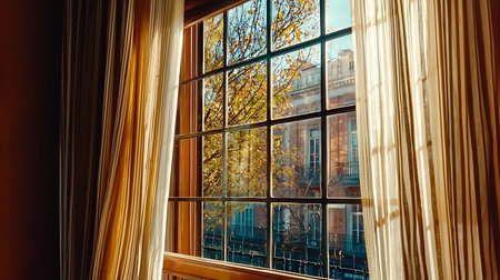 A stunning view of bright sunlight filtering through a window adorned with sheer curtains. The outdoor scenery features trees and an urban backdrop, creating a tranquil ambiance.の写真素材