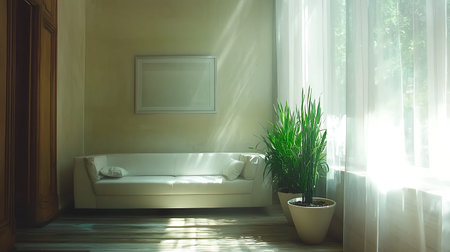 A serene living room featuring a white sofa and a large potted plant by expansive windows. The natural light creates a calming atmosphere perfect for relaxation and aesthetic appeal.の写真素材