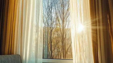 A cozy interior showcases soft morning light filtering through sheer curtains, creating warmth and tranquility. Bright sunlight highlights the trees outside.の写真素材