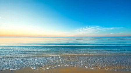 Captivating view of a serene ocean horizon at sunrise, showcasing gentle waves lapping against a sandy beach. The clear blue sky enhances the tranquil atmosphere, perfect for relaxation and outdoor exploration.の写真素材
