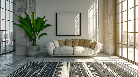 A serene and stylish modern living room featuring a cozy sofa, tropical plant, and large windows...