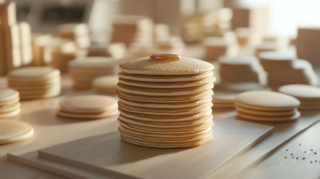 This image features a visually appealing stack of pancakes topped with syrup, set against a wooden...