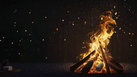 A mesmerizing campfire burns brightly against a dark night backdrop, creating a warm atmosphere....