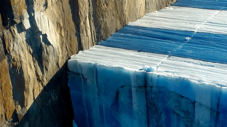 A breathtaking view of a glacier's ice formations showcasing vibrant blue and white textures. This...