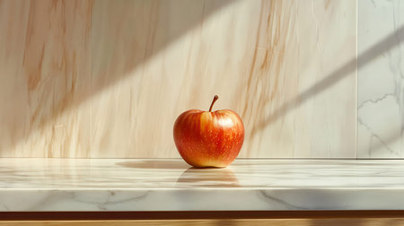 A vibrant red apple sits elegantly on a white marble counter, illuminated by natural light. Soft...
