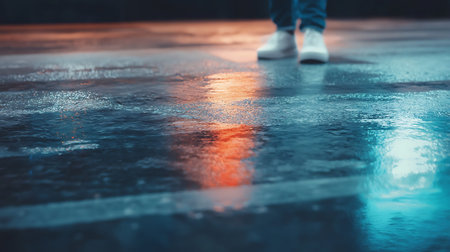 This captivating image features a person walking on a wet pavement at night, showcasing beautiful...