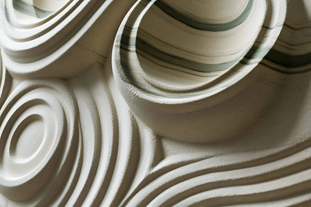 This image showcases a textured beige wall featuring abstract grooves and curves, creating a modern...