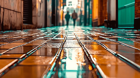 A tranquil evening view of a wet cobblestone alley with glowing reflections, highlighting two...