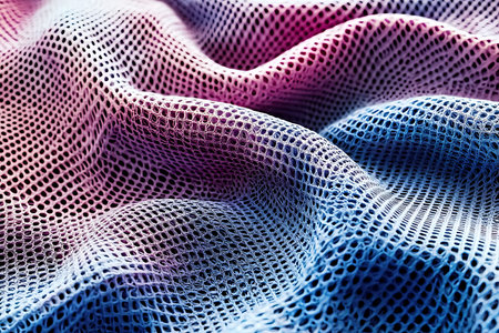 Close-up of colorful mesh fabric showcasing a beautiful open weave pattern. Ideal for artistic...