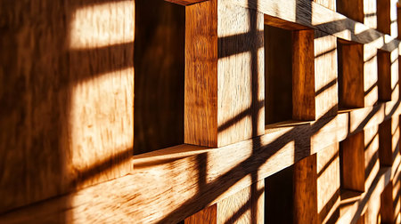 A close-up of an intricate wooden panel showcasing geometric designs, with rich textures and captivating shadows from sunlight, perfect for artistic applications.の写真素材
