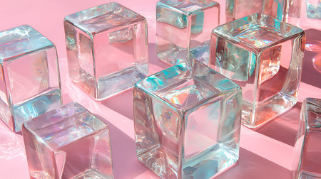 A visually appealing arrangement of clear ice cubes on a pink surface, capturing reflections and...