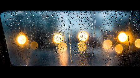 A captivating view of a rainy window with droplets creating a soft blur over city lights at night,...