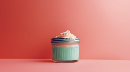 A visually appealing mint green dessert served in a jar with a swirled cream topping, set against a...