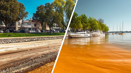 A captivating view showcasing the contrast between a sandy shoreline and a tranquil harbor, lined...
