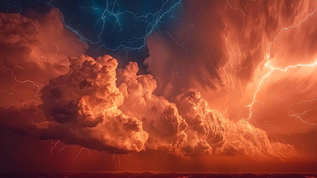 This breathtaking image captures a dramatic thunderstorm filled with vibrant orange clouds and...