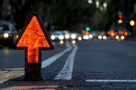 A vibrant red traffic arrow sign illuminates an urban street during early evening, guiding vehicles...