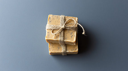 A serene arrangement of two handmade soap bars wrapped in twine, showcasing natural ingredients and...