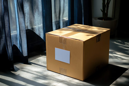 A minimalist scene featuring a cardboard box illuminated by natural sunlight beside sheer blue...