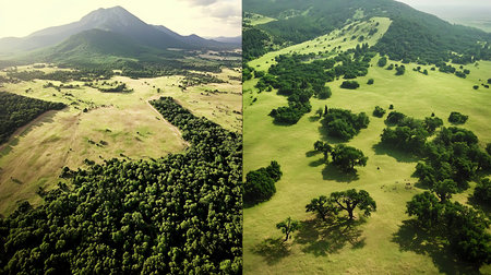 Discover a stunning aerial view of a lush green landscape featuring mountains and expansive forests....