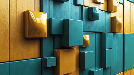 A vibrant composition of three-dimensional geometric shapes in turquoise and yellow creates a modern...