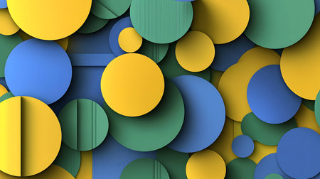 This vibrant abstract image features colorful circles in green, blue, and yellow arranged on a...